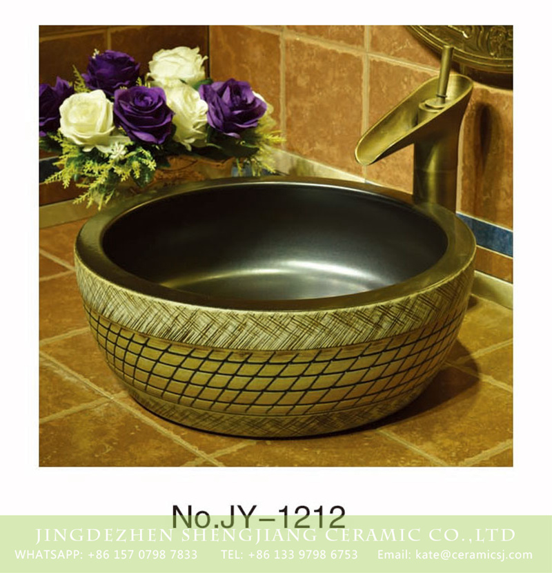 SJJY-1212-28仿古腰鼓盆_14 Chinese antique style matte black inside and check pattern surface sanitary ware    SJJY-1212-28 - shengjiang  ceramic  factory   porcelain art hand basin wash sink