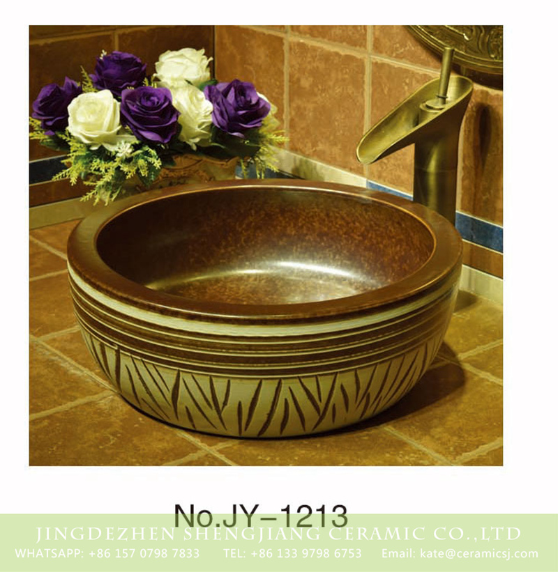 SJJY-1213-28仿古腰鼓盆_15 China conventional retro style brown color and hand carved knife stroke surface wash sink    SJJY-1213-28 - shengjiang  ceramic  factory   porcelain art hand basin wash sink