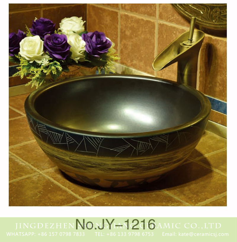 SJJY-1216-29仿古腰鼓盆_05 Jingdezhen factory antique ceramic matte black inside and wood color surface wash basin    SJJY-1216-29 - shengjiang  ceramic  factory   porcelain art hand basin wash sink