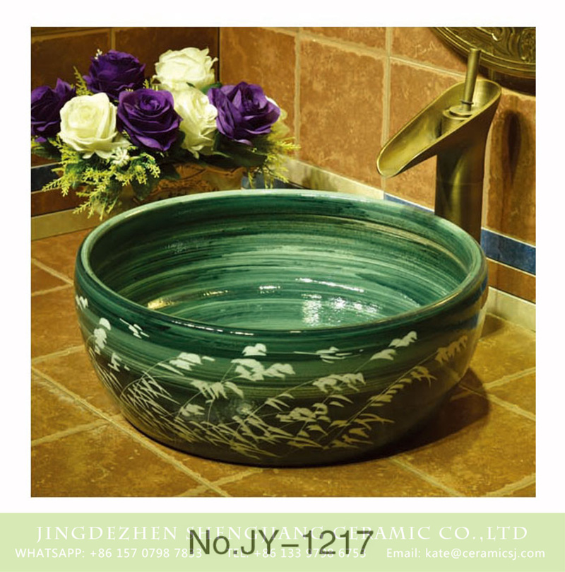 SJJY-1217-29仿古腰鼓盆_07 Shengjiang factory produce art green glazed porcelain with reed pattern wash hand basin    SJJY-1217-29 - shengjiang  ceramic  factory   porcelain art hand basin wash sink