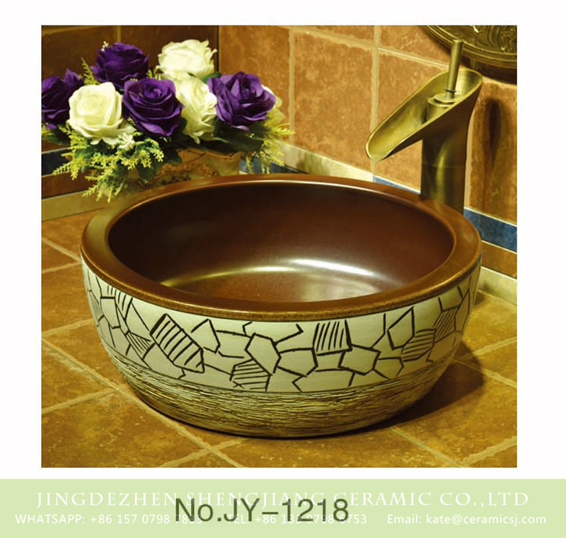 SJJY-1218-29仿古腰鼓盆_08 Jingdezhen wholesale brown color inside and white crack design surface sanitary ware    SJJY-1218-29 - shengjiang  ceramic  factory   porcelain art hand basin wash sink