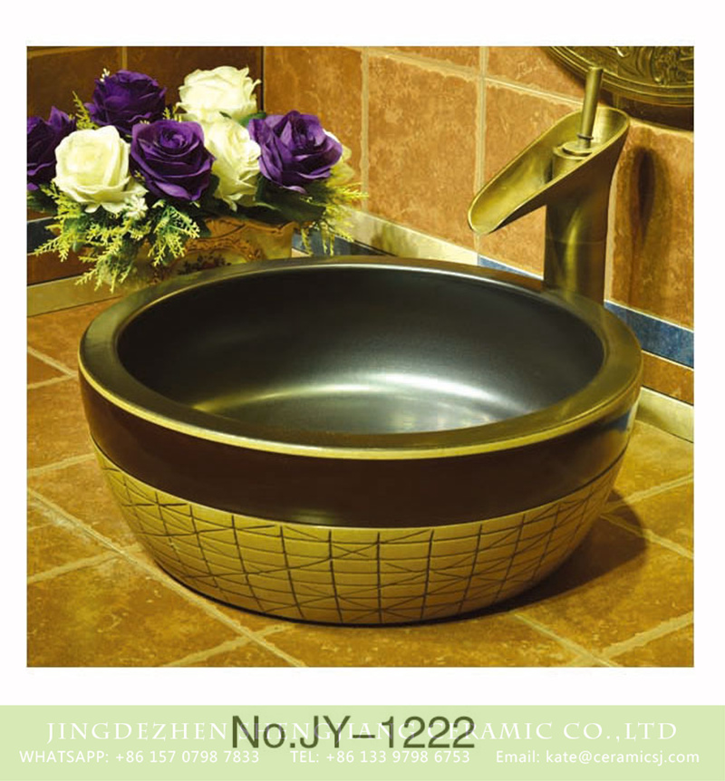 SJJY-1222-29仿古腰鼓盆_12 Jingdezhen wholesale matte black color inside and regular pattern surface sanitary ware    SJJY-1222-29 - shengjiang  ceramic  factory   porcelain art hand basin wash sink