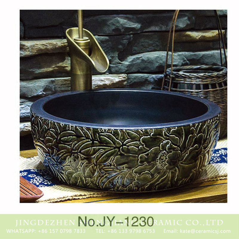 SJJY-1230-30仿古腰鼓盆_08 Asia style high quality porcelain black color with hand craft flowers pattern surface wash sink    SJJY-1230-30 - shengjiang  ceramic  factory   porcelain art hand basin wash sink