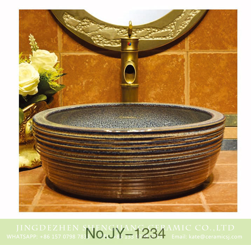 SJJY-1234-30仿古腰鼓盆_12 Jingdezhen wholesale marble inner wall and hand carved stripes surface vanity basin    SJJY-1234-30 - shengjiang  ceramic  factory   porcelain art hand basin wash sink