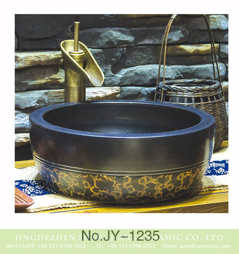 SJJY-1235-30仿古腰鼓盆_13 Japanese style high quality porcelain matte black color and yellow flowers pattern bottom wash sink    SJJY-1235-30 - shengjiang  ceramic  factory   porcelain art hand basin wash sink