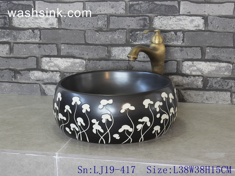LJ19-417 LJ19-417     Black background floral design porcelain wash basin - shengjiang  ceramic  factory   porcelain art hand basin wash sink