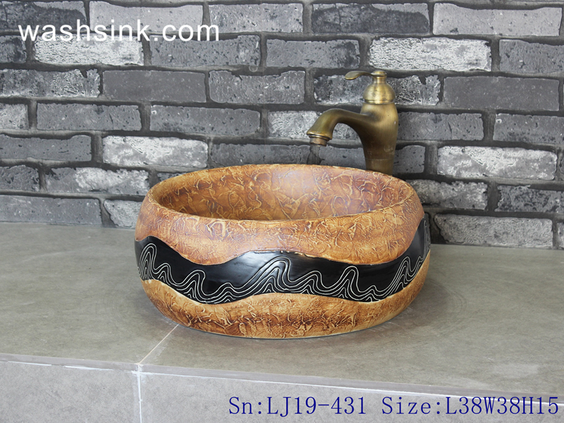 LJ19-431 LJ19-431    Imitation wood carved wave line design ceramic wash basin - shengjiang  ceramic  factory   porcelain art hand basin wash sink