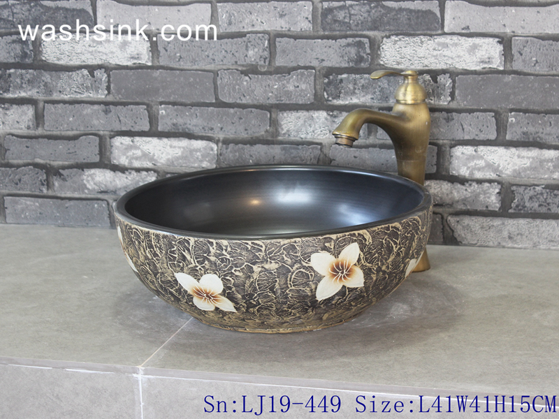 LJ19-449 LJ19-449     Round flower design vintage ceramic sanitary ware - shengjiang  ceramic  factory   porcelain art hand basin wash sink