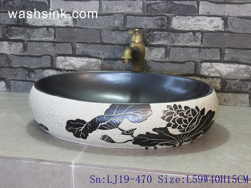 LJ19-470 LJ19-470    Hand craft black lotus design ceramic art sink - shengjiang  ceramic  factory   porcelain art hand basin wash sink