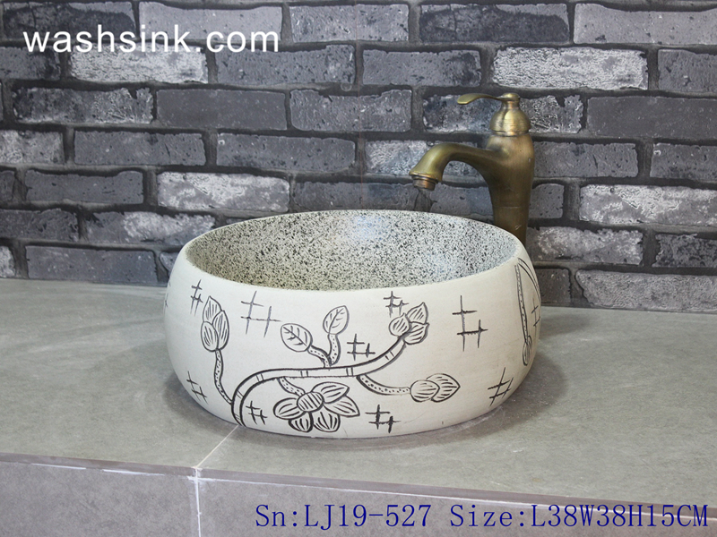 LJ19-527 LJ19-527      Solid color background carving flower design ceramic wash basin - shengjiang  ceramic  factory   porcelain art hand basin wash sink