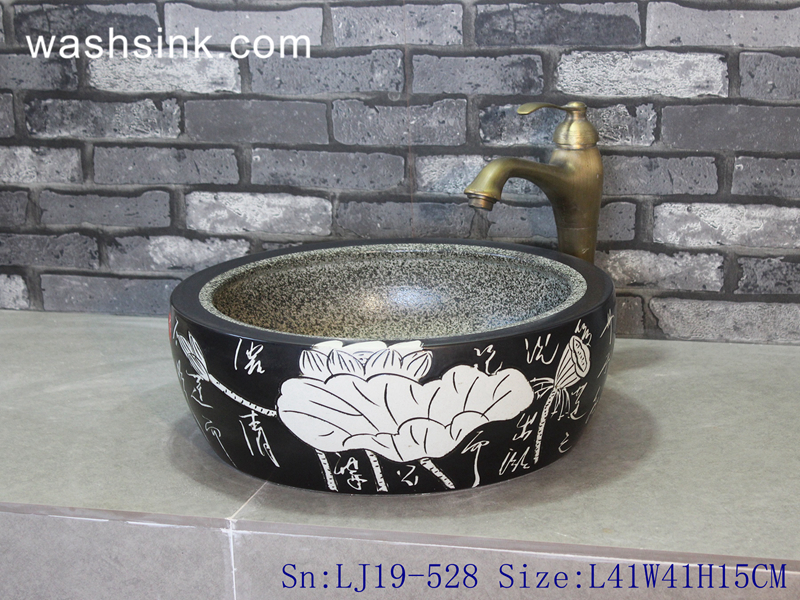 LJ19-528 LJ19-528   Black background white lotus design porcelain wash sink - shengjiang  ceramic  factory   porcelain art hand basin wash sink