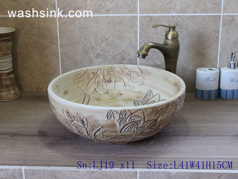 LJ19-x11 LJ19-x11     High quality matt carving lotus design ceramic sanitary ware - shengjiang  ceramic  factory   porcelain art hand basin wash sink