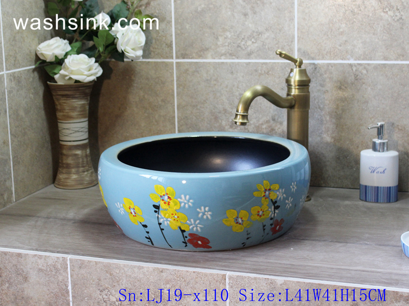 LJ19-x110 LJ19-x110    Light blue background yellow flower design ceramic sanitary ware - shengjiang  ceramic  factory   porcelain art hand basin wash sink