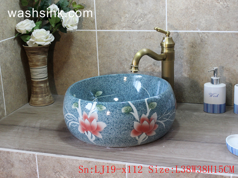 LJ19-x112 LJ19-x112    Artistic slippy ceramic with lotus design wash basin - shengjiang  ceramic  factory   porcelain art hand basin wash sink