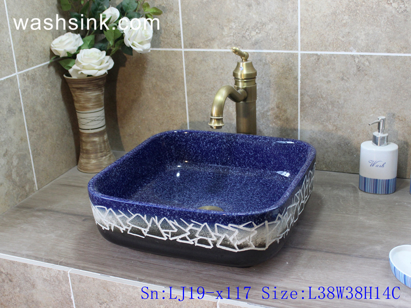 LJ19-x117 LJ19-x117    Deep blue geometry pattern porcelain wash sink - shengjiang  ceramic  factory   porcelain art hand basin wash sink