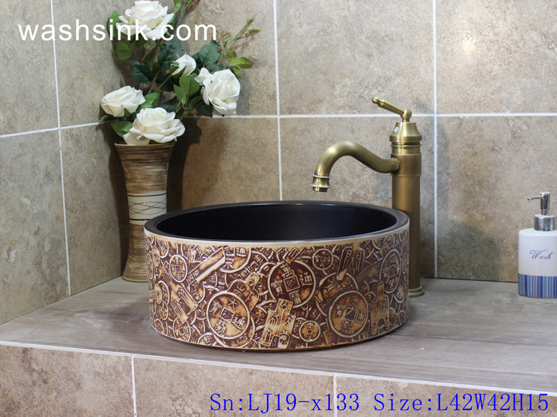 LJ19-x133 LJ19-x133    Column copper coin design ceramic art basin - shengjiang  ceramic  factory   porcelain art hand basin wash sink