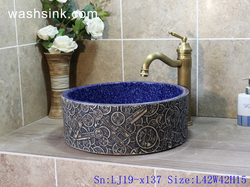 LJ19-x137 LJ19-x137      Vintage ceramic with ancient copper coin design wash sink - shengjiang  ceramic  factory   porcelain art hand basin wash sink
