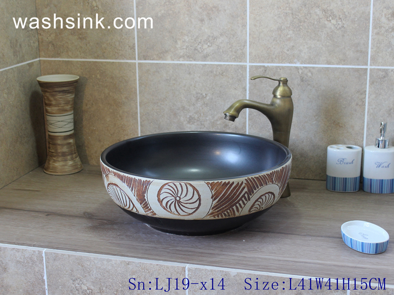 LJ19-x14 LJ19-x14     Black foundation ceramic with unique carving pattern wash basin - shengjiang  ceramic  factory   porcelain art hand basin wash sink