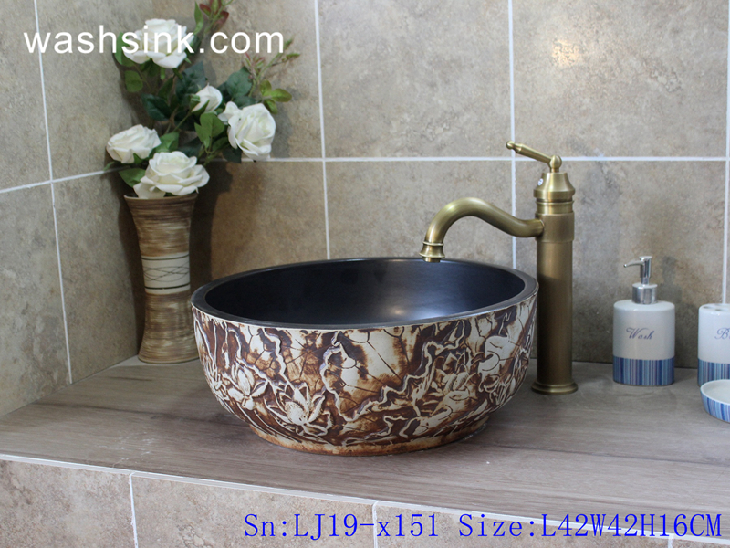 LJ19-x151 LJ19-x151     Black inside carved flower design ceramic wash sink - shengjiang  ceramic  factory   porcelain art hand basin wash sink