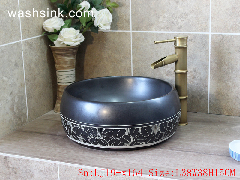 LJ19-x164 LJ19-x164     Smooth black leaves design ceramic toilet basin - shengjiang  ceramic  factory   porcelain art hand basin wash sink