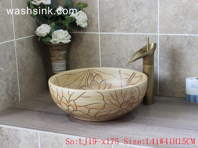 LJ19-x175 LJ19-x175      Plain color hand carved lotus pattern ceramic wash basin - shengjiang  ceramic  factory   porcelain art hand basin wash sink