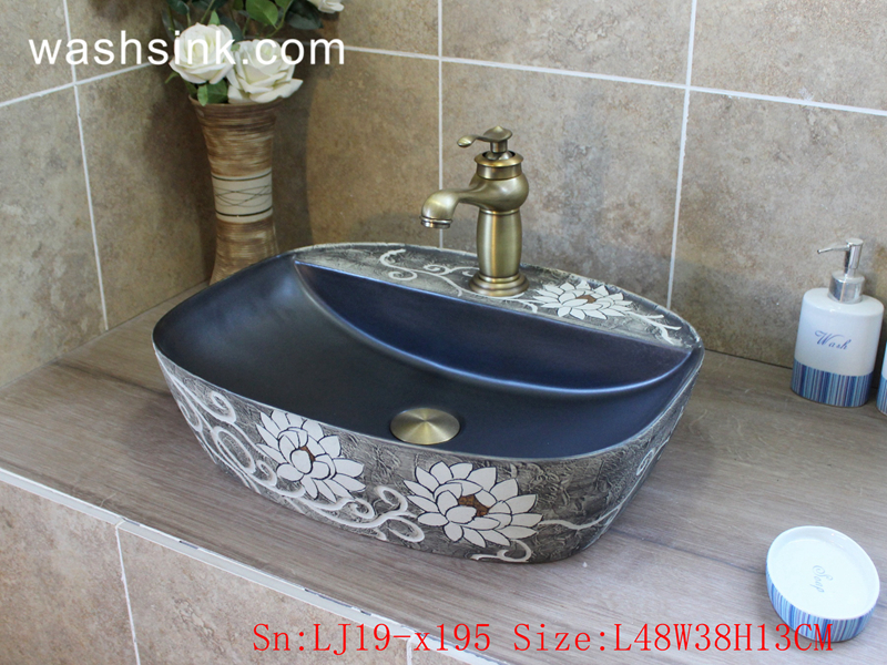 LJ19-x195 LJ19-x195      Grey background white flowers design ceramic wash sink - shengjiang  ceramic  factory   porcelain art hand basin wash sink