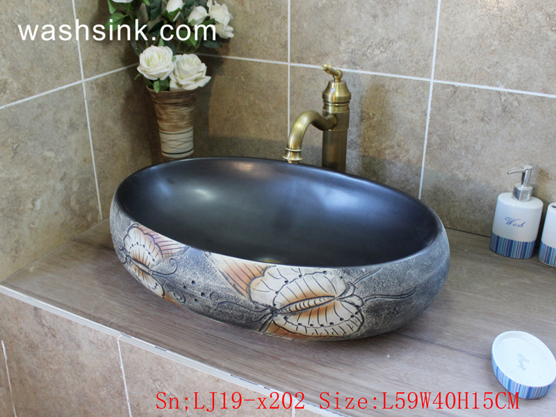 LJ19-x202 LJ19-x202        Round hand carved butterfly design ceramic wash sink - shengjiang  ceramic  factory   porcelain art hand basin wash sink