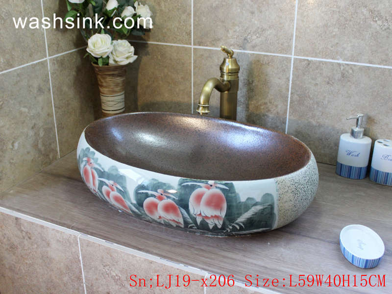 LJ19-x206 LJ19-x206      Glossy oval famille rose bird design ceramic art sink - shengjiang  ceramic  factory   porcelain art hand basin wash sink