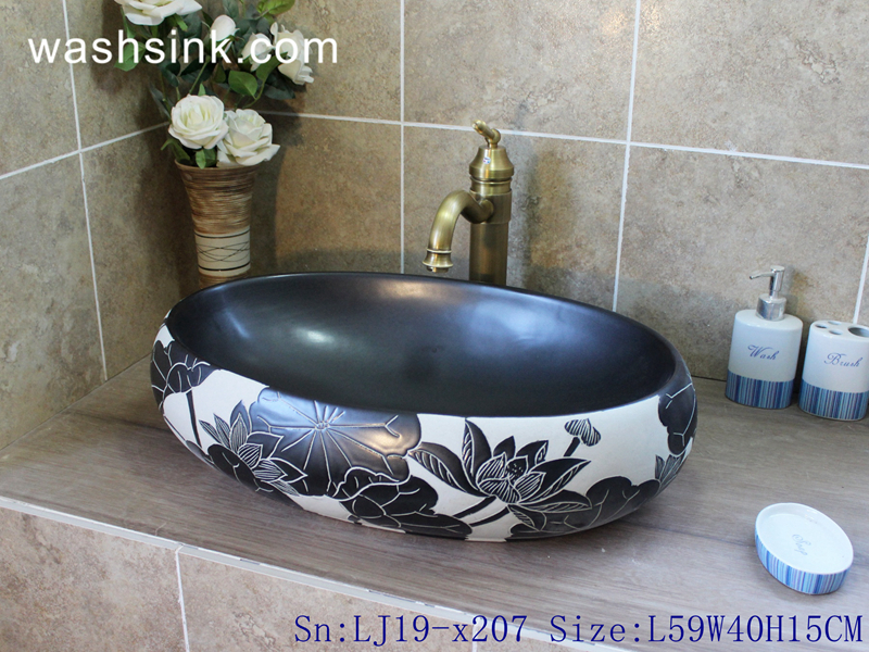 LJ19-x207 LJ19-x207       Hand craft black lotus design ceramic wash sink - shengjiang  ceramic  factory   porcelain art hand basin wash sink