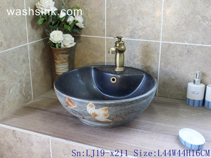 LJ19-x211 LJ19-x211     Bowl shape carved lotus design ceramic wash basin - shengjiang  ceramic  factory   porcelain art hand basin wash sink