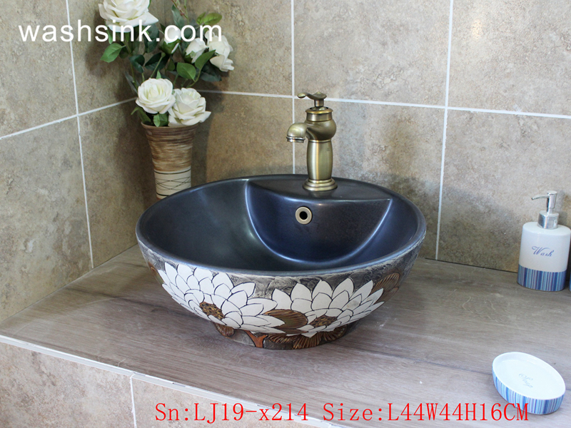 LJ19-x214 LJ19-x214     Wholesale price ceramic with design of  carved white lotus ceramic wash basin - shengjiang  ceramic  factory   porcelain art hand basin wash sink