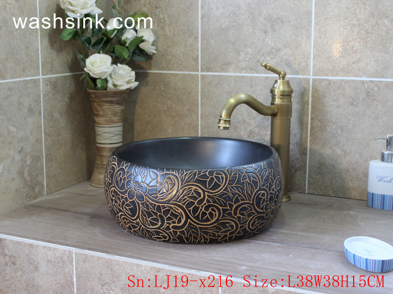 LJ19-x216 LJ19-x216        Shengjiang popular carved pattern ceramic lavabo - shengjiang  ceramic  factory   porcelain art hand basin wash sink