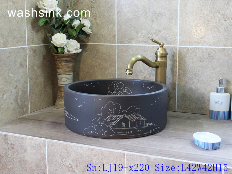 LJ19-x220 LJ19-x220      Matt hand craft house and tree design ceramic wash sink - shengjiang  ceramic  factory   porcelain art hand basin wash sink