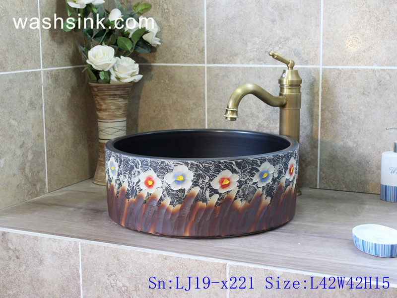 LJ19-x221 LJ19-x221       Column colorful flowers design ceramic sanitary ware - shengjiang  ceramic  factory   porcelain art hand basin wash sink