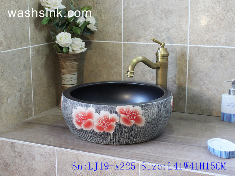 LJ19-x225 LJ19-x225       Chinese elegant red peony design porcelain toilet basin - shengjiang  ceramic  factory   porcelain art hand basin wash sink