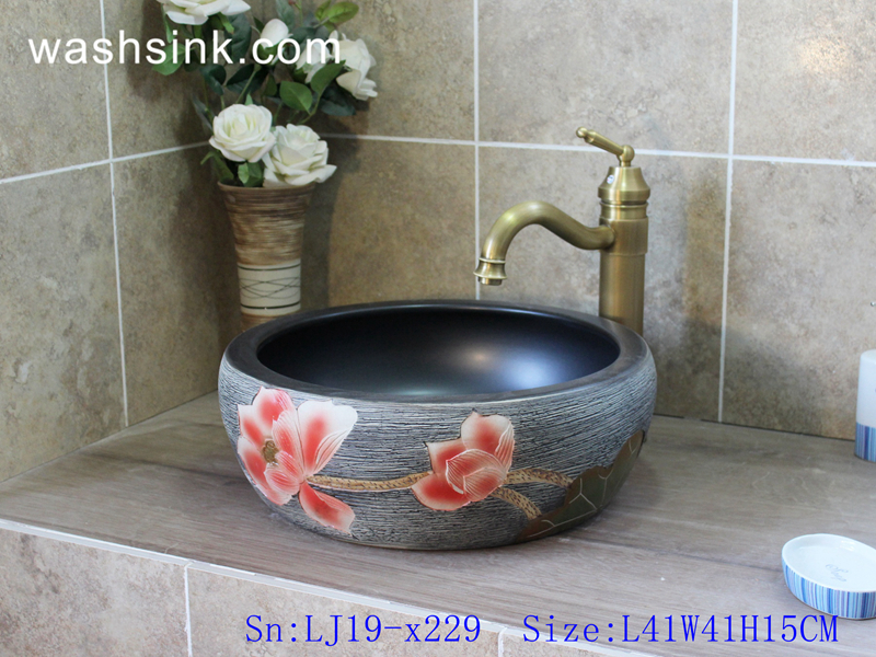 LJ19-x229 LJ19-x229     Exquisite hand carved lotus design porcelain wash bowl - shengjiang  ceramic  factory   porcelain art hand basin wash sink