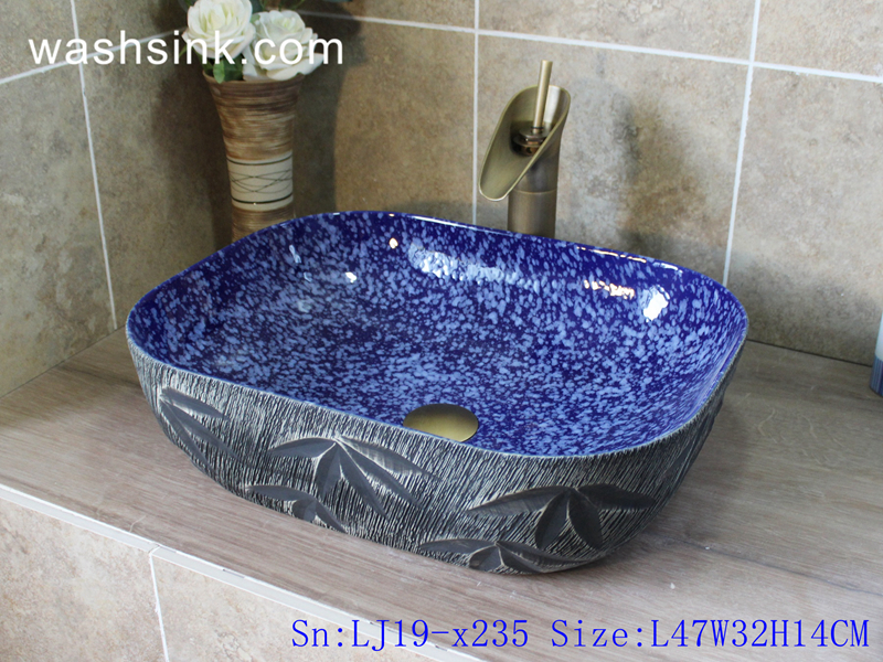 LJ19-x235 LJ19-x235     Deep blue inside black leaves design ceramic sanitary ware - shengjiang  ceramic  factory   porcelain art hand basin wash sink