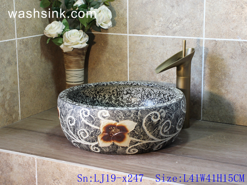 LJ19-x247 LJ19-x247     Shengjiang hot sale carved flower pattern porcelain art sink - shengjiang  ceramic  factory   porcelain art hand basin wash sink