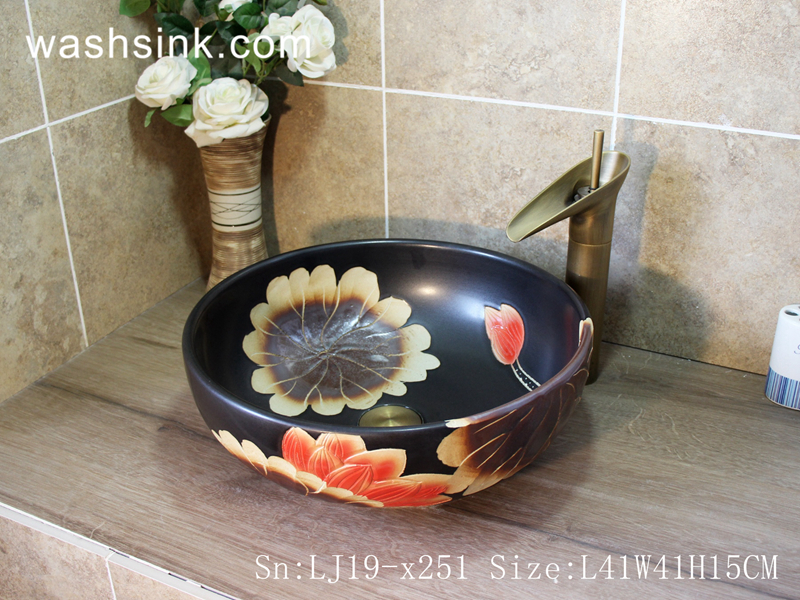 LJ19-x251 LJ19-x251     Black background sunflower design ceramic wash sink - shengjiang  ceramic  factory   porcelain art hand basin wash sink
