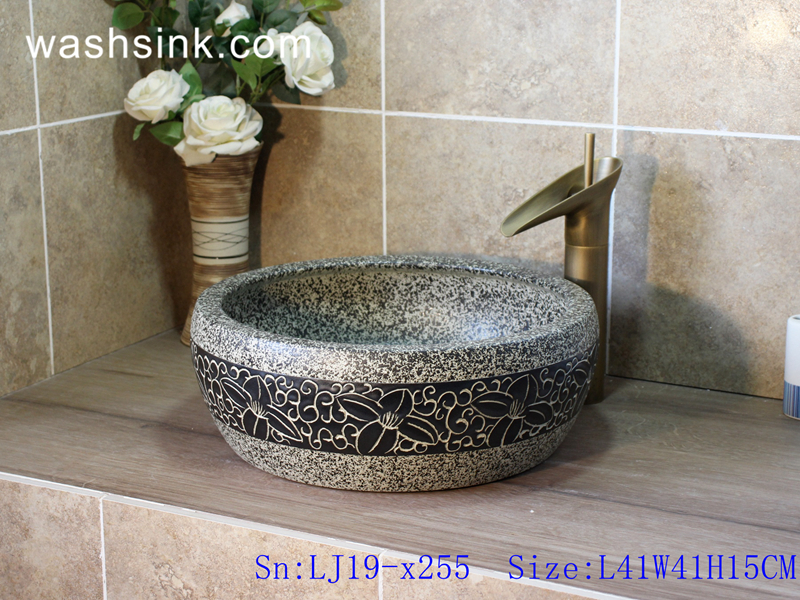 LJ19-x255 LJ19-x255      Imitating marble carving flower design ceramic art basin - shengjiang  ceramic  factory   porcelain art hand basin wash sink