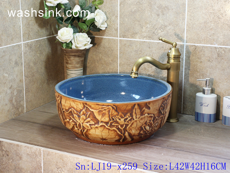 LJ19-x259 LJ19-x259     Sky blue inside brown flower pattern ceramic wash sink - shengjiang  ceramic  factory   porcelain art hand basin wash sink