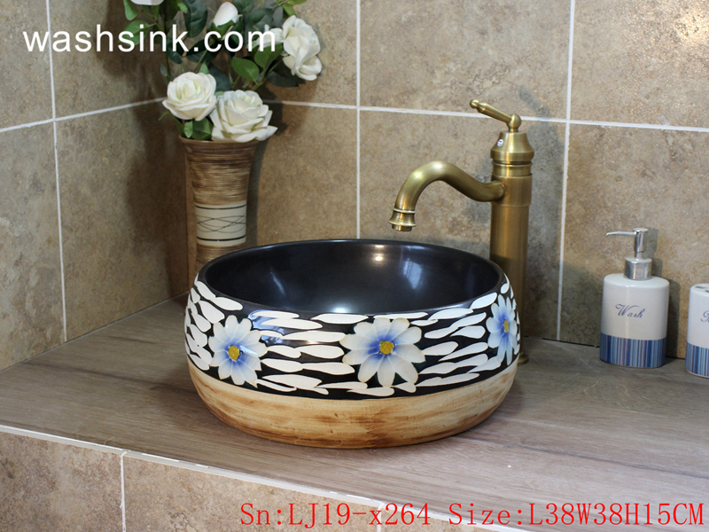 LJ19-x264 LJ19-x264       Wood color bottom flower pattern ceramic sanitary ware - shengjiang  ceramic  factory   porcelain art hand basin wash sink