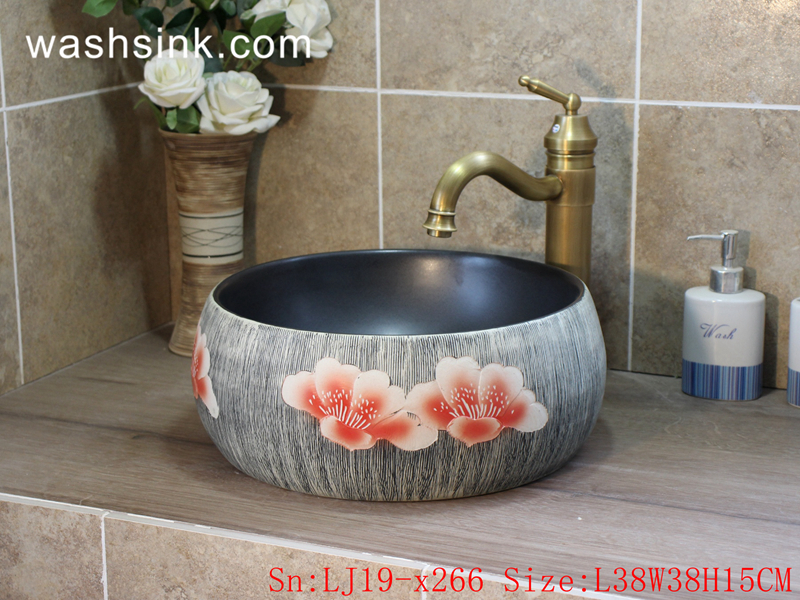 LJ19-x266 LJ19-x266    Advanced grey background peony design porcelain toilet basin - shengjiang  ceramic  factory   porcelain art hand basin wash sink