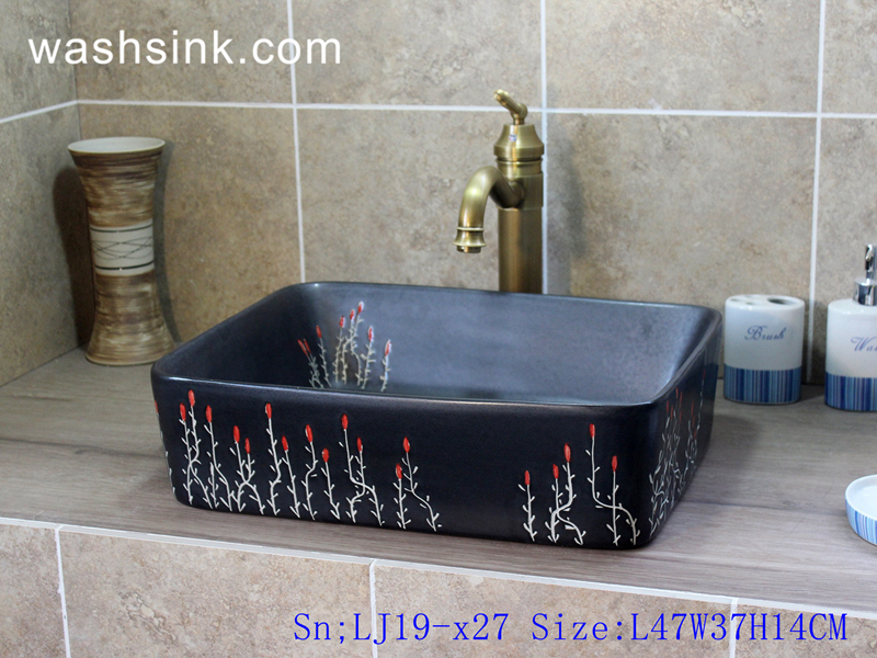 LJ19-x27 LJ19-x27   Rectangle hand painted flower design ceramic wash sink - shengjiang  ceramic  factory   porcelain art hand basin wash sink