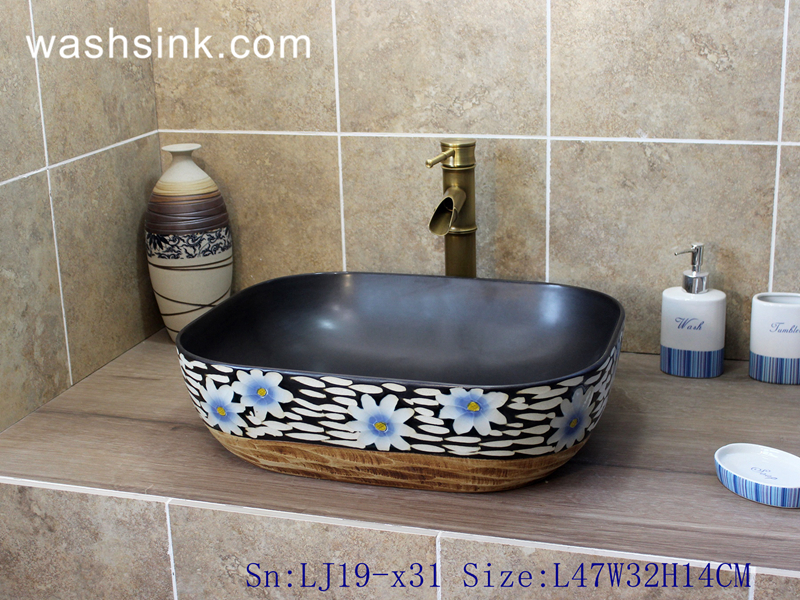 LJ19-x31 LJ19-x31    Delicate carving chrysanthemum design ceramic wash sink - shengjiang  ceramic  factory   porcelain art hand basin wash sink