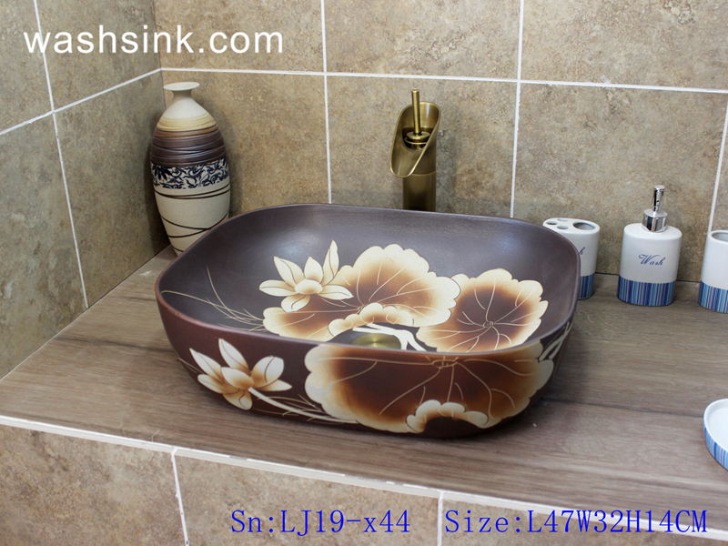 LJ19-x44 LJ19-x44    Brown background ceramic with fantastic lotus design ceramic wash sink - shengjiang  ceramic  factory   porcelain art hand basin wash sink