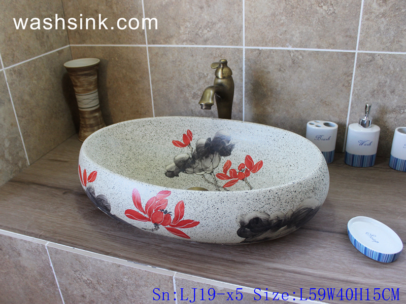 LJ19-x5 LJ19-x5    Marble color beautiful red flower design ceramic lavabo - shengjiang  ceramic  factory   porcelain art hand basin wash sink