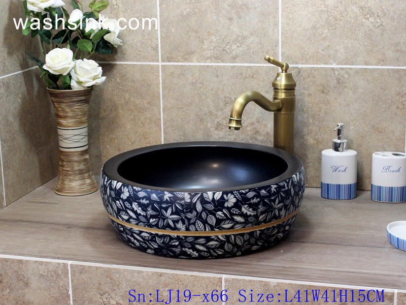 LJ19-x66 LJ19-x66    Deep blue background various leaves design ceramic wash sink - shengjiang  ceramic  factory   porcelain art hand basin wash sink