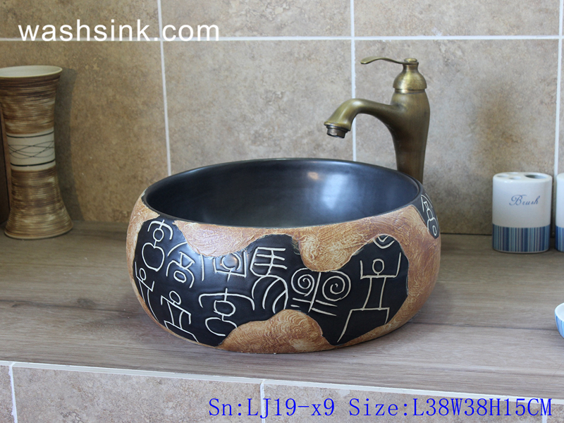 LJ19-x9 LJ19-x9     Hand carving chinese ancient word design ceramic wash basin - shengjiang  ceramic  factory   porcelain art hand basin wash sink