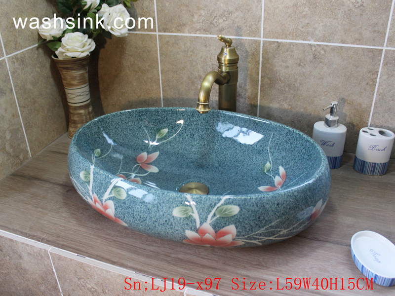 LJ19-x97 LJ19-x97    Sky blue glossy ceramic with design of pink flower wash basin - shengjiang  ceramic  factory   porcelain art hand basin wash sink